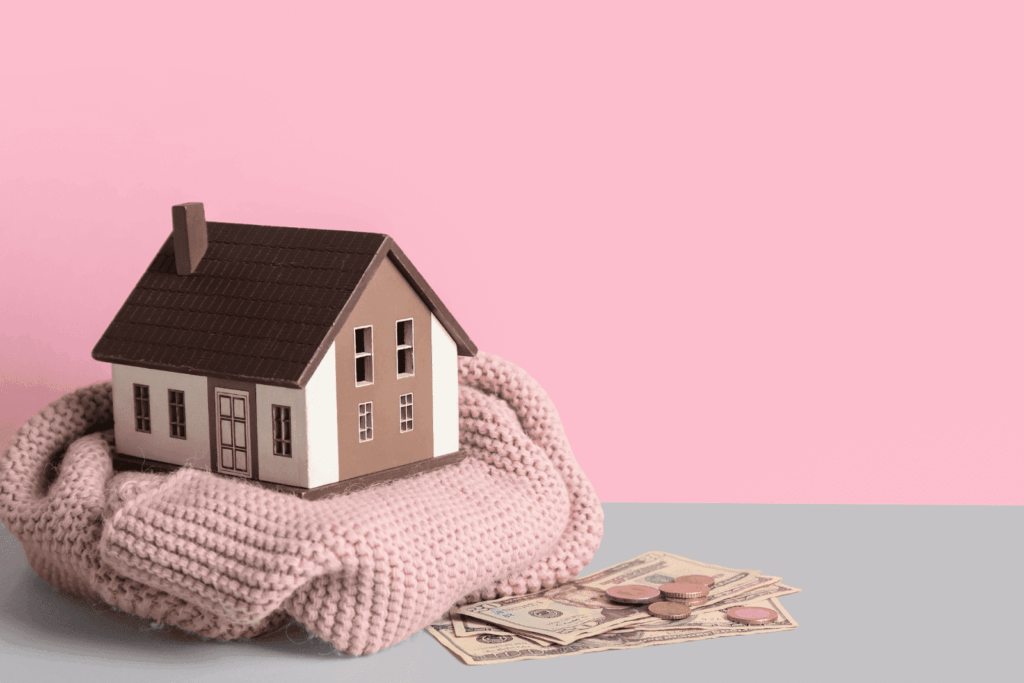 Small model house on a knitted pink blanket with cash and coins beside it.