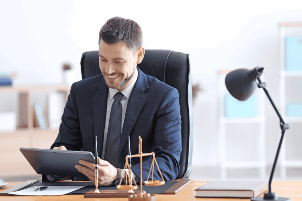 Smiling lawyer in office using tablet beside justice scale on desk.
