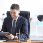 Smiling lawyer in office using tablet beside justice scale on desk.