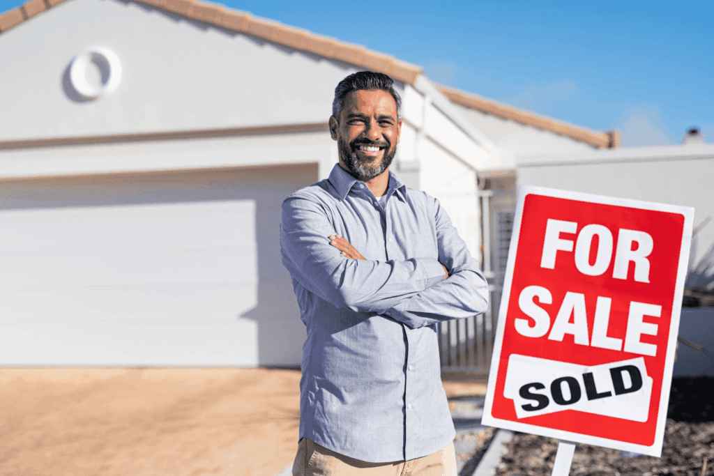 Smiling man standing with folded arms in front of a house and a red “For Sale” sign marked “Sold.”