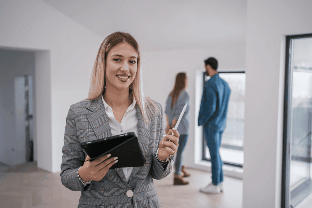 Smiling real estate agent holding a tablet and pen inside a modern home.