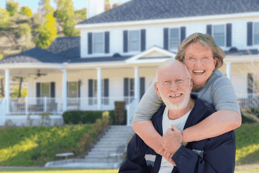 Smiling senior couple hugging in front of their house.