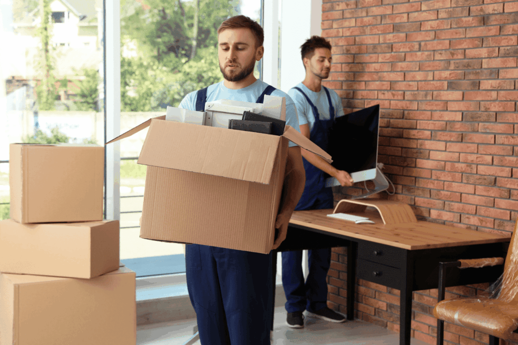 Two movers carrying boxes and equipment in a modern room.