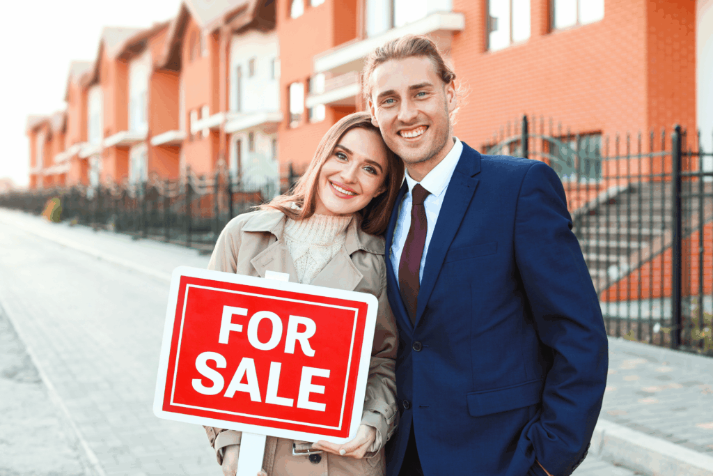 Happy couple holding a for sale sign outside residential properties.