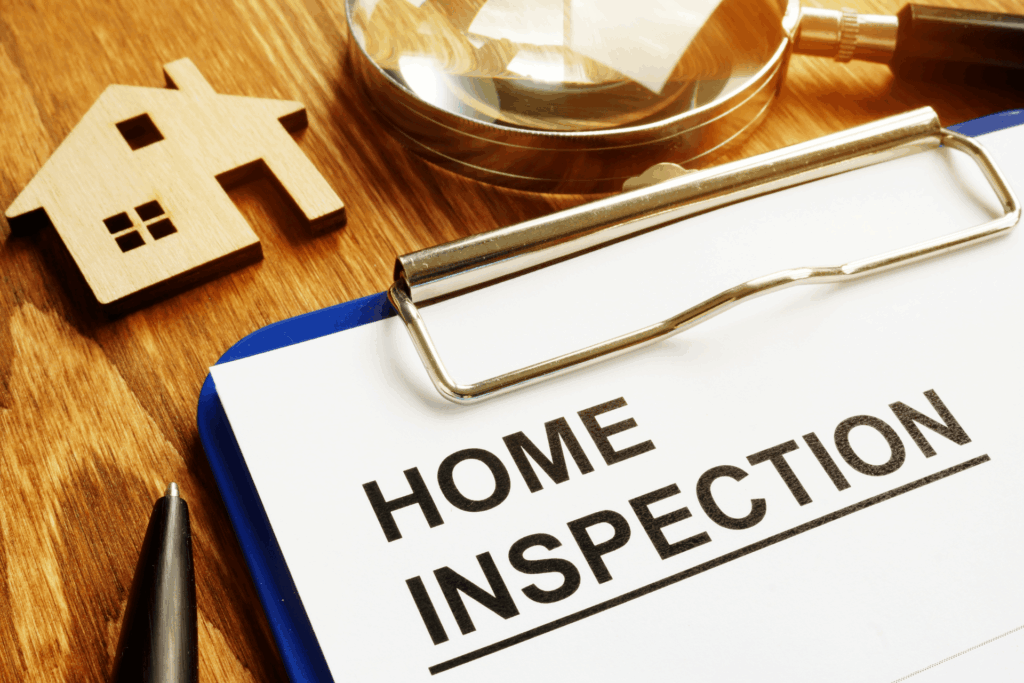 Home inspection clipboard with magnifying glass and house model.