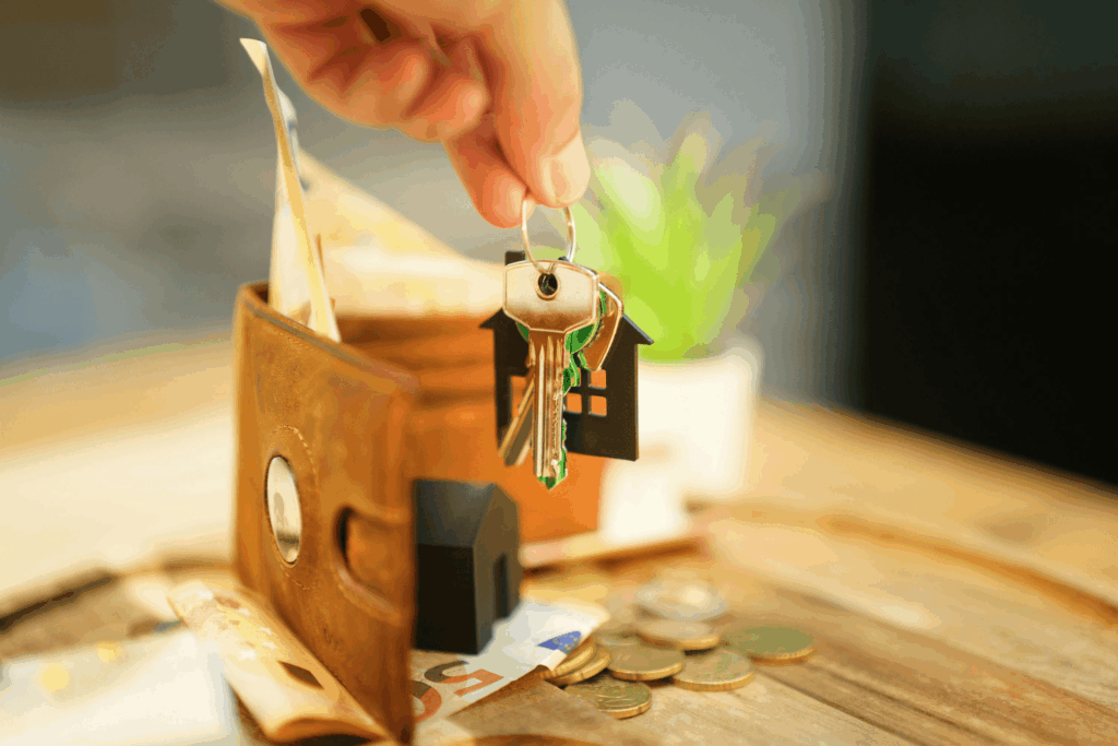 House keys and wallet with cash, symbolizing a real estate purchase.