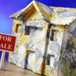 House wrapped in cash with a for sale sign.