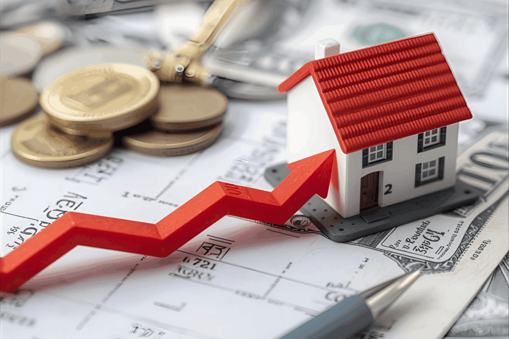 Increase in property value shown by red arrow, miniature house, and money.