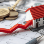 Increase in property value shown by red arrow, miniature house, and money.