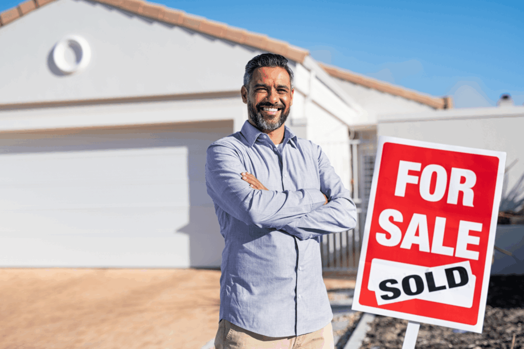 Man celebrating successful home sale beside sold real estate sign.