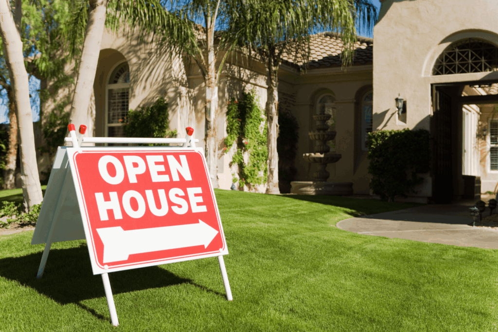 Open house sign in front of a residential home.