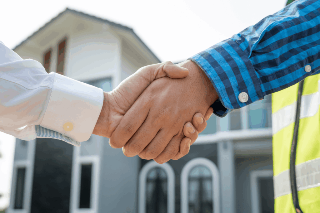Two people shaking hands in front of a house after a real estate agreement.