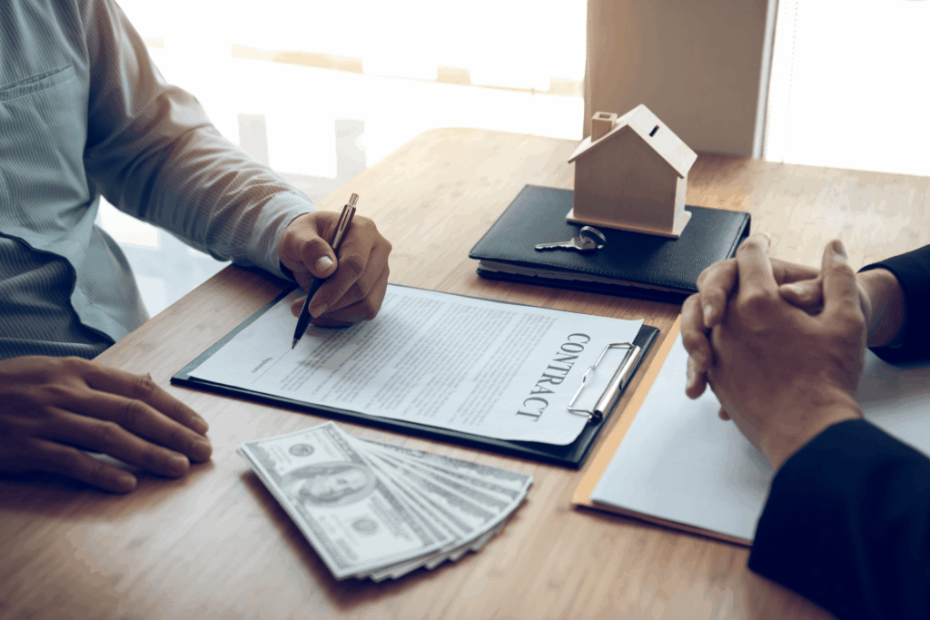 Person signing a real estate contract at a table with cash, keys, and a small house model.