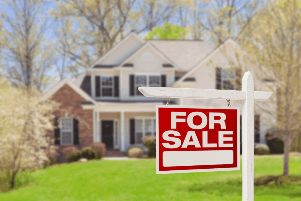 Red and white “For Sale” sign in front of a suburban house.