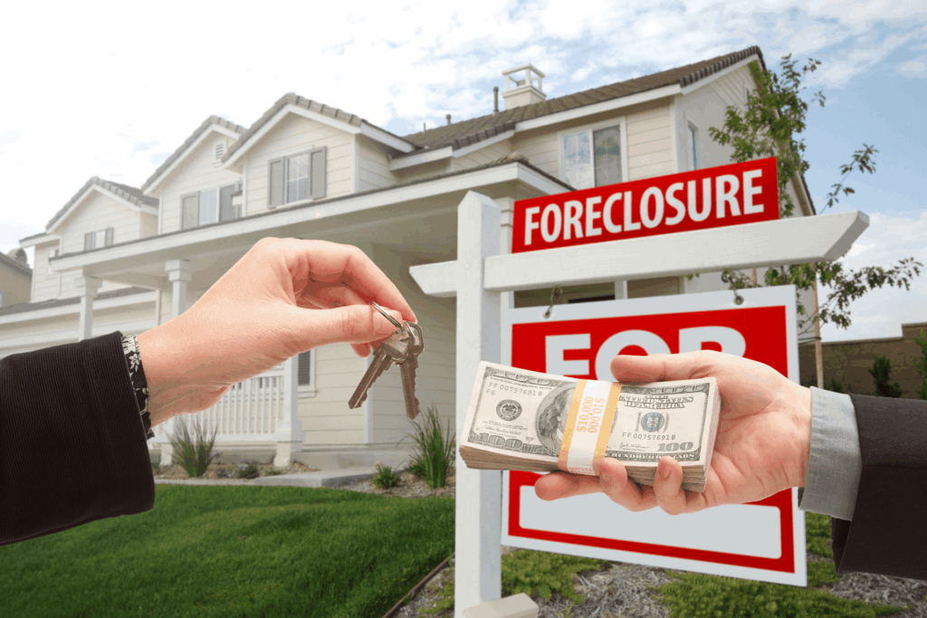 Person trading house keys for cash in front of a home with a foreclosure sign.