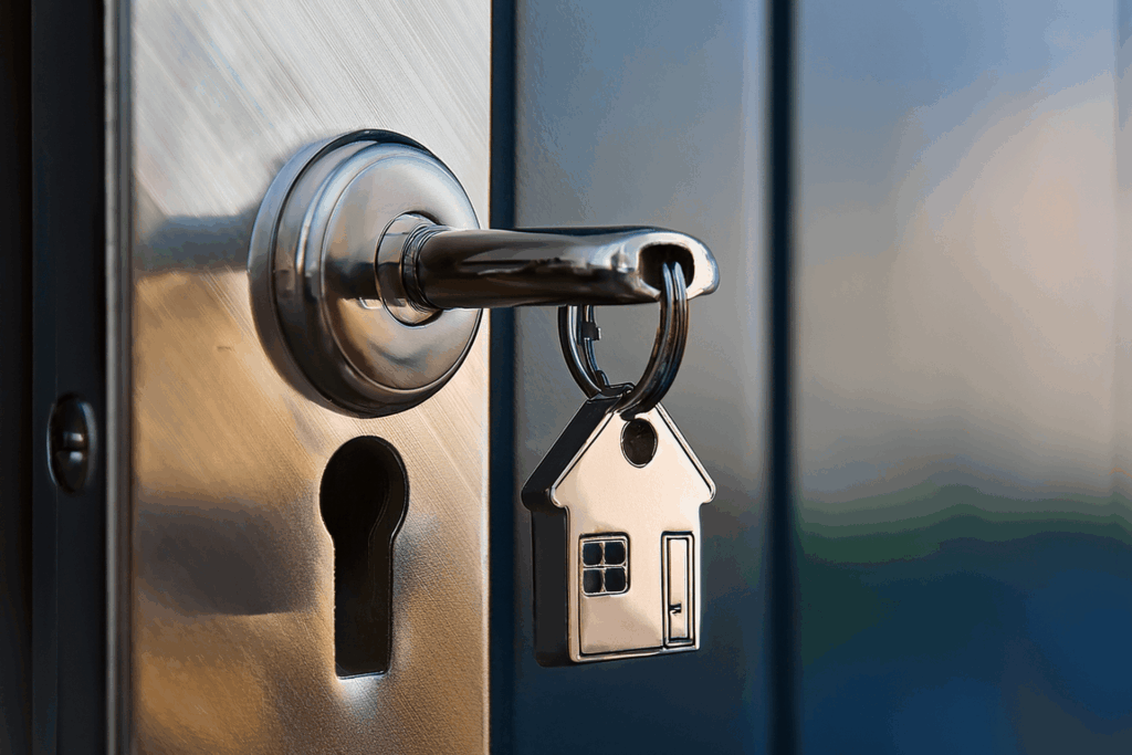House-shaped keychain hanging from a key inserted in a door lock.