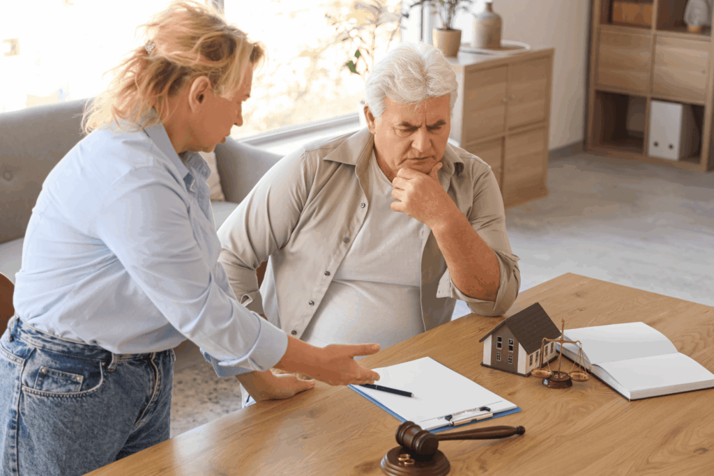A woman shows paperwork to an older man who looks concerned, with a model house, a gavel, and scales of justice on the table.