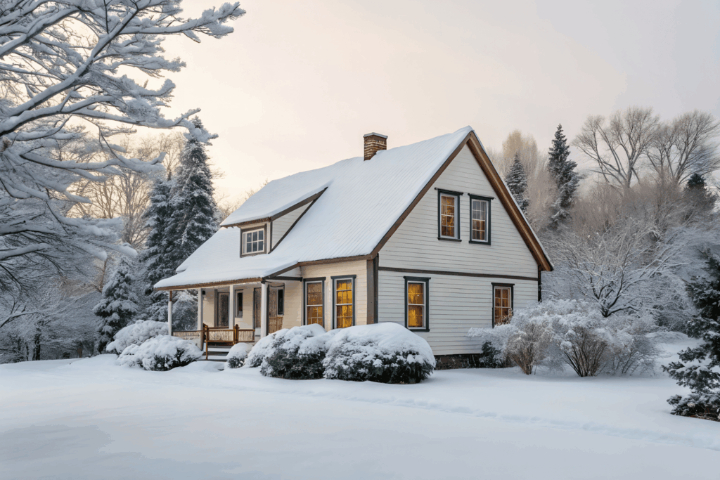 Snow-covered home in winter, shown as an example of a house that may need de-winterizing before use.