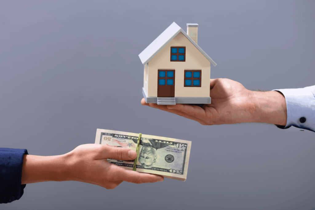 Hands exchanging cash for a small house model, representing real estate cash buyers.
