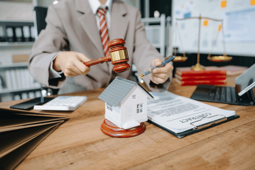 Lawyer holding a gavel beside a small house model and contract documents, symbolizing legal decisions about property.