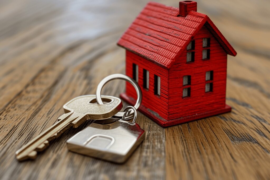 Red house model next to a key on a wooden table