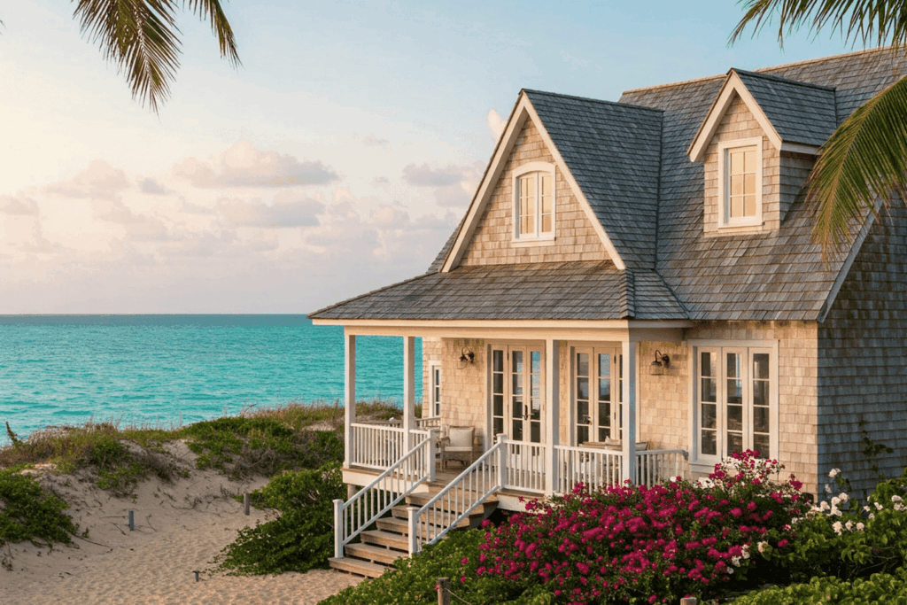 Beach house with porch overlooking the ocean at sunset