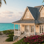 Beach house with porch overlooking the ocean at sunset