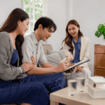 Couple signing contract with real estate agent at home