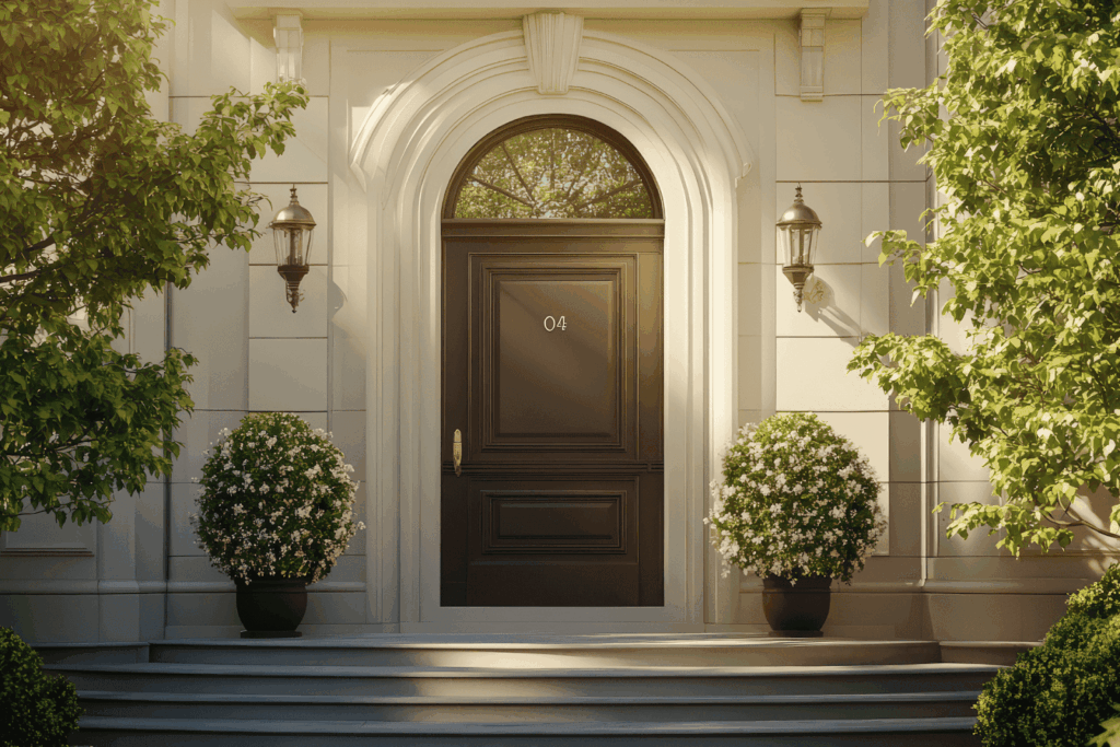 Elegant front door of house with plants and lanterns