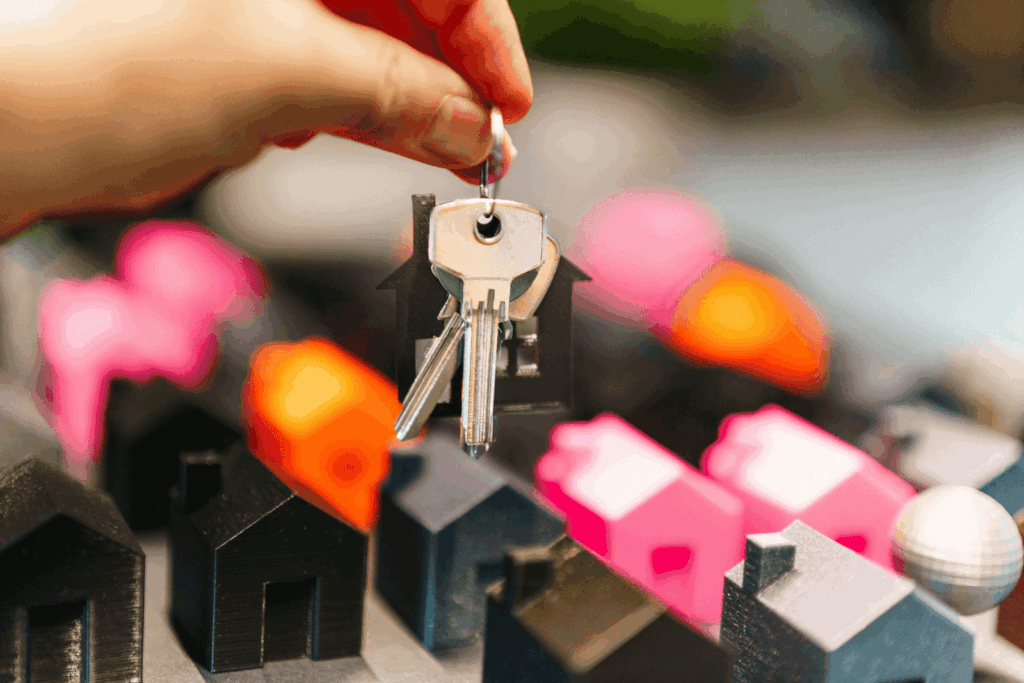 Hand holding a house-shaped keychain with keys over small model houses