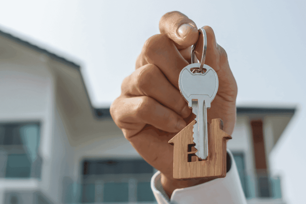Hand holding house-shaped keychain and key in front of home.