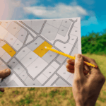 Hands holding a plot map with highlighted land sections and a pencil pointing at one