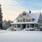 Large house surrounded by snow-covered trees and yard in winter