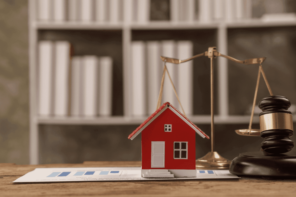 Small model house with legal scales and a gavel on a desk symbolizing real estate law.