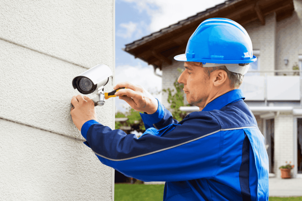 Technician installing a security camera on the exterior wall of a house