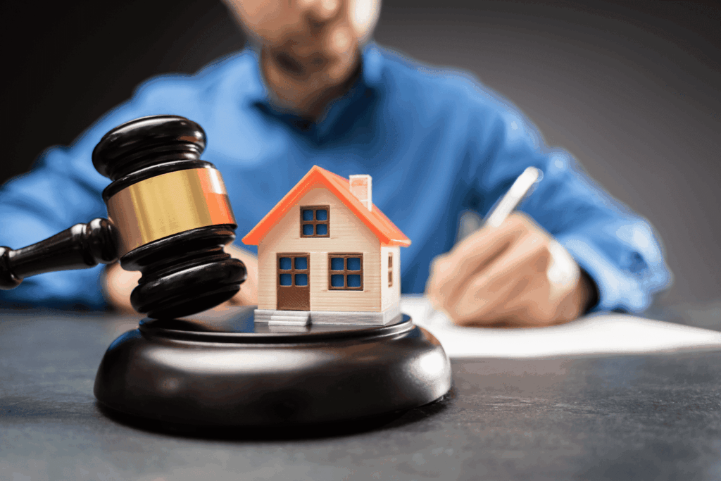 Mini house and gavel in front of a man signing legal papers