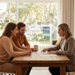 A couple and a female lawyer review documents at a wooden table, with a For Sale sign visible outside a large window.