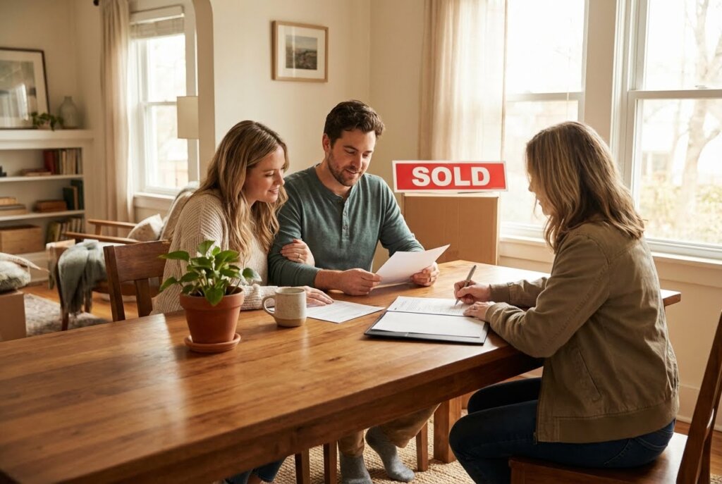 A couple of reviews documents with an agent signing papers at a wooden table, with a "SOLD" sign in the background.