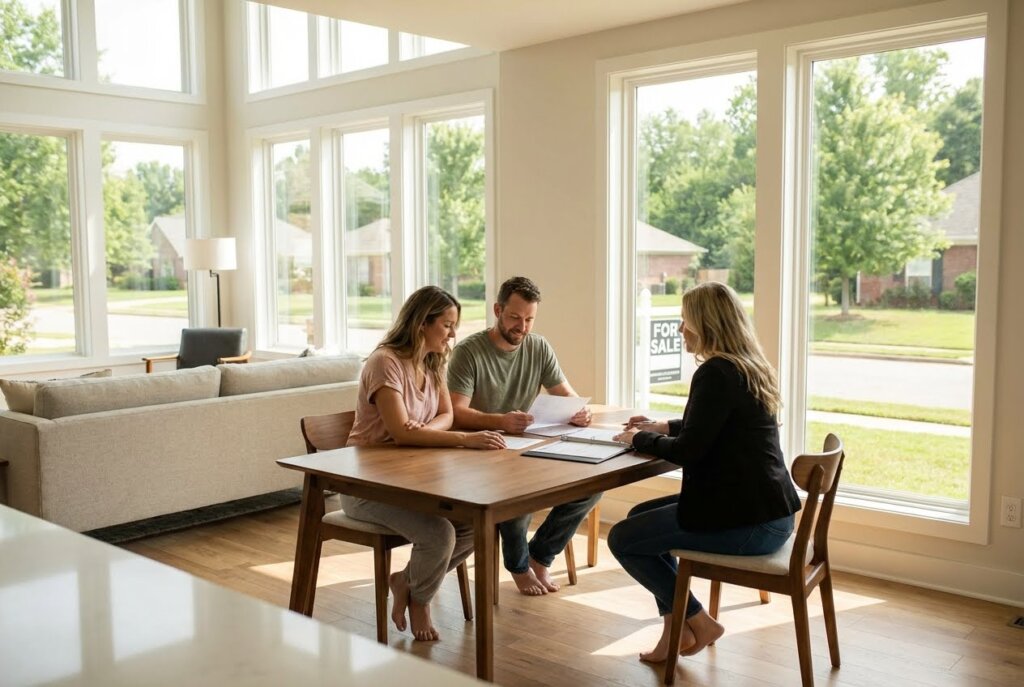 A couple reviews documents with a real estate agent at a table in a bright, modern home with large windows.