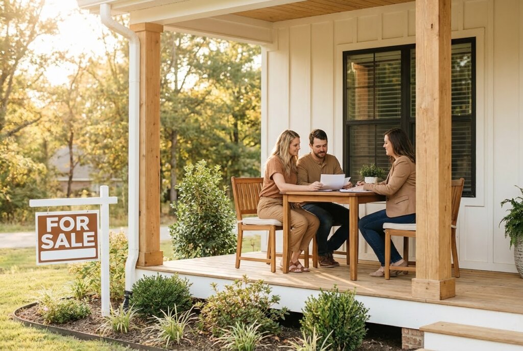A couple reviews documents with a woman on a porch, with a FOR SALE sign in the foreground.