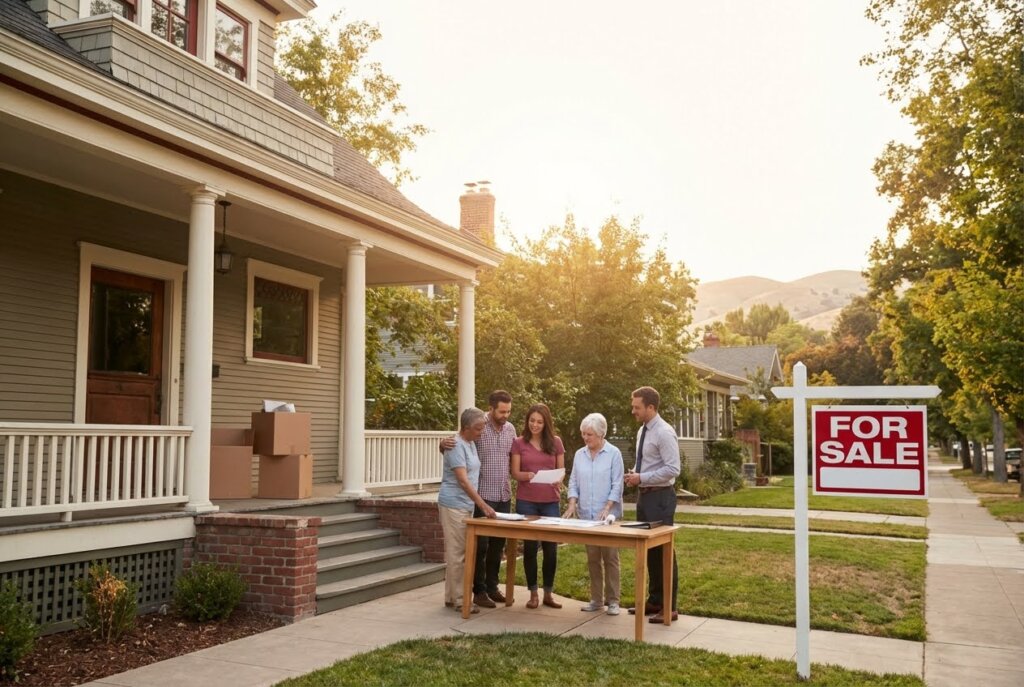 A family and realtor discuss papers at a table in front of a house with a For Sale sign.