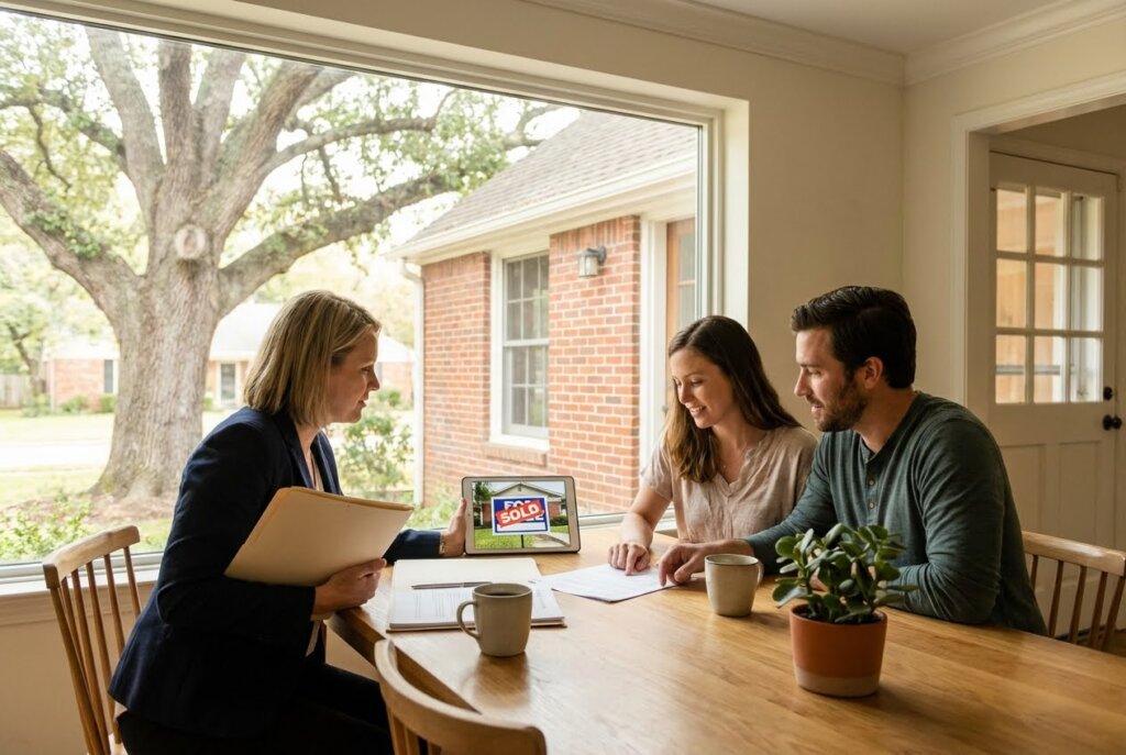 A lawyer shows a couple a tablet displaying a "SOLD" sign in front of a house, discussing documents at a table.
