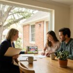 A lawyer shows a couple a tablet displaying a "SOLD" sign in front of a house, discussing documents at a table.