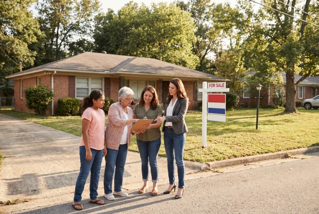 A realtor explains documents to three women of different generations in front of a brick house with a For Sale sign.