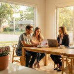 A smiling couple and a female real estate agent review documents at a sunlit wooden table with a SOLD sign in the foreground.