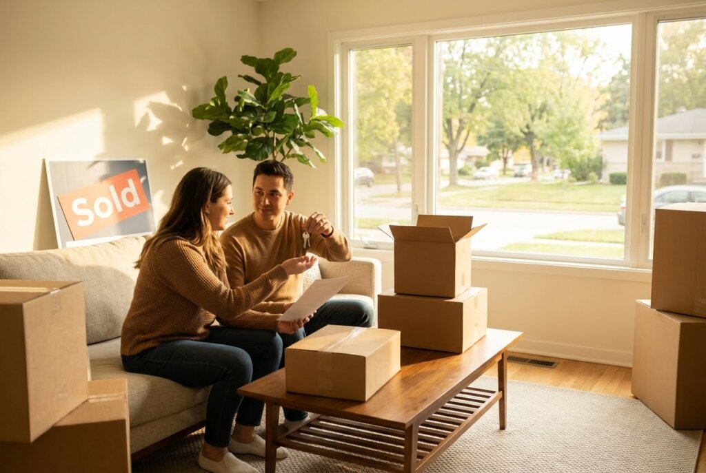 A smiling couple on a couch in a new home, surrounded by moving boxes, holding keys and documents.