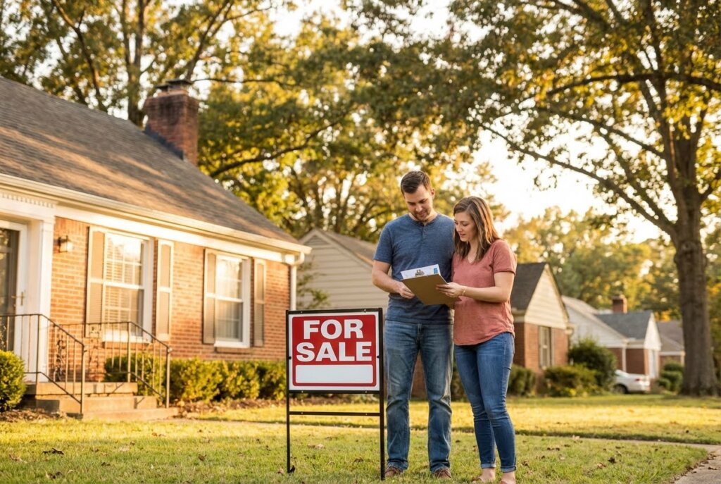 A smiling couple reviews documents in front of a brick house with a For Sale sign on a sunny day.