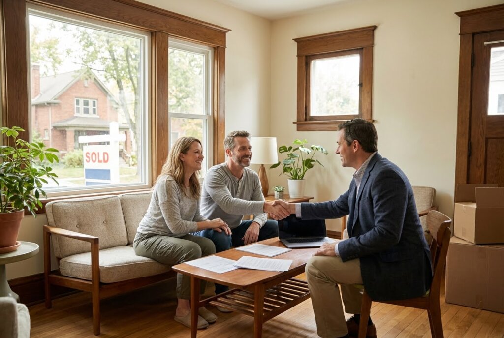 A smiling couple shakes hands with a man in a suit at a coffee table, with a SOLD sign visible outside.