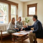 A smiling couple shakes hands with a man in a suit at a coffee table, with a SOLD sign visible outside.