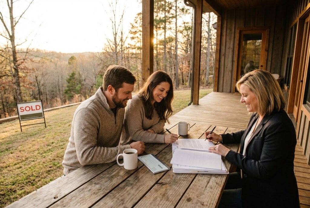 A smiling couple signs papers with a real estate agent on a rustic porch, with a SOLD sign and forest in the background.